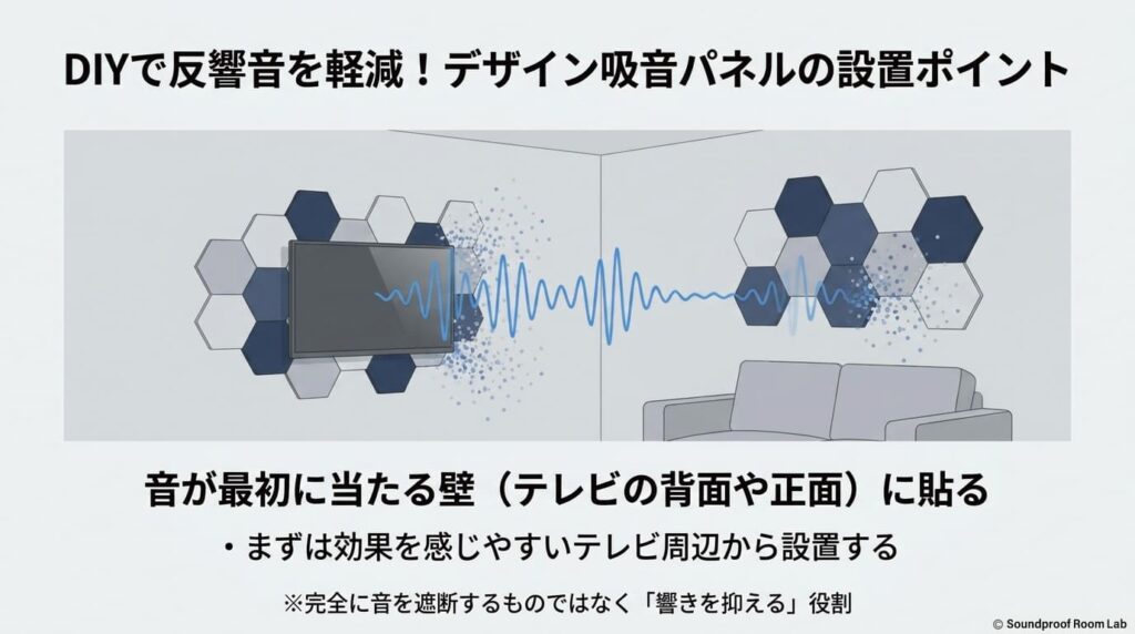 DIYで反響音を軽減！デザイン吸音パネルの設置ポイント：要約図解