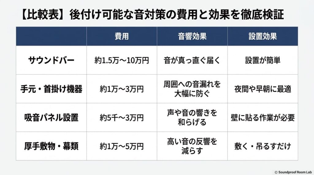 【比較表】後付け可能な音対策の費用と効果を徹底検証：要約図解
