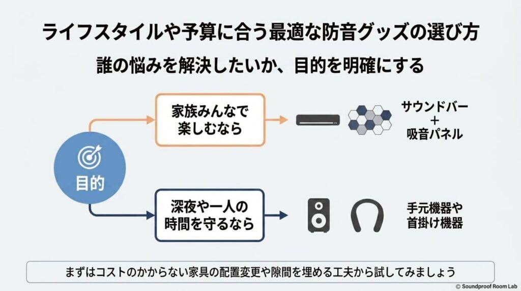ライフスタイルや予算に合う最適な防音グッズの選び方：要約図解