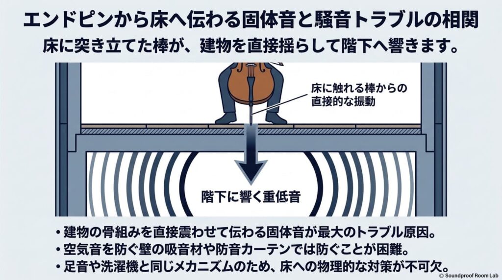 エンドピンから床へ伝わる固体音と騒音トラブルの相関：要約図解