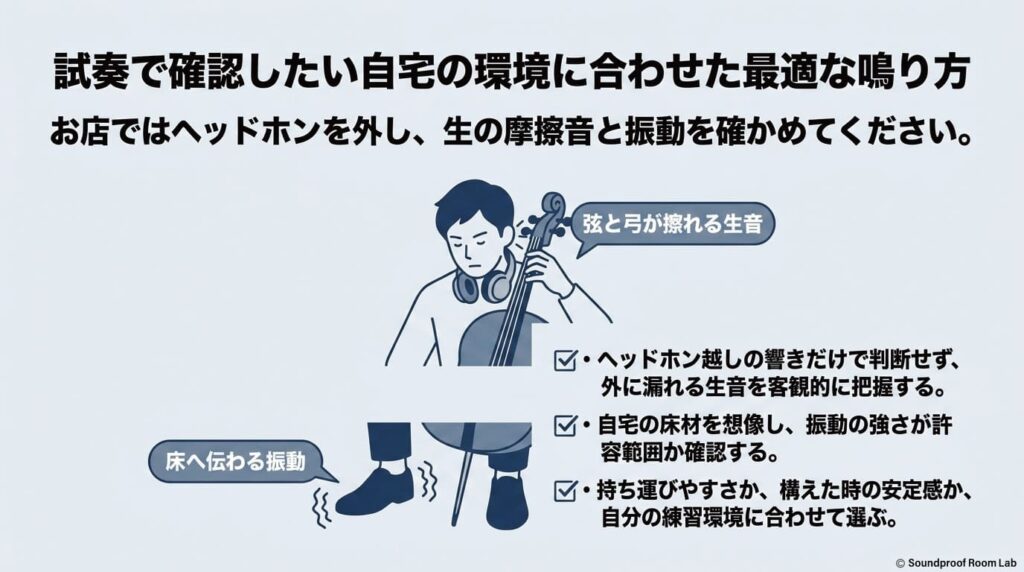 試奏で確認したい自宅の環境に合わせた最適な鳴り方：要約図解