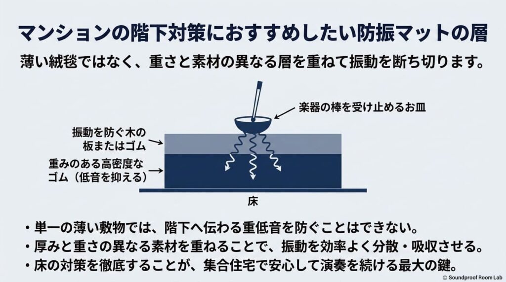 マンションの階下対策におすすめしたい防振マットの層：要約図解