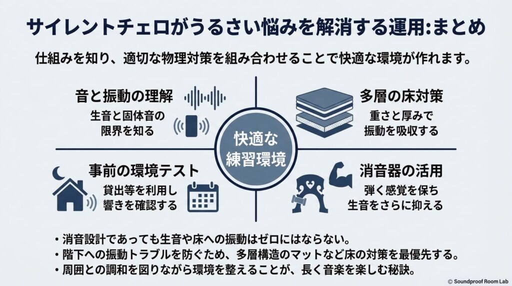サイレントチェロがうるさい悩みを解消する運用：まとめ：要約図解