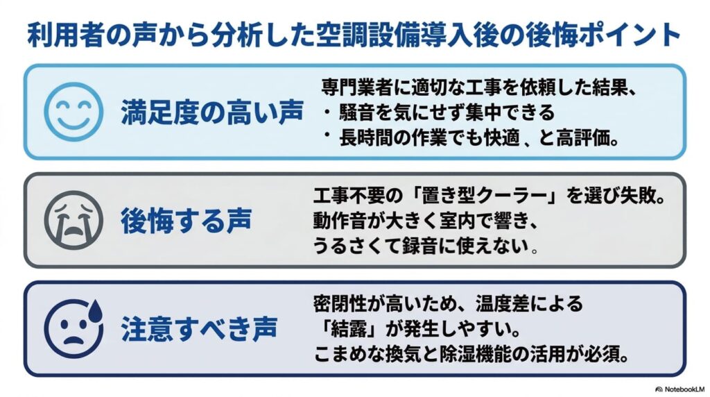 利用者の声から分析した空調設備導入後の後悔ポイント：要約図解