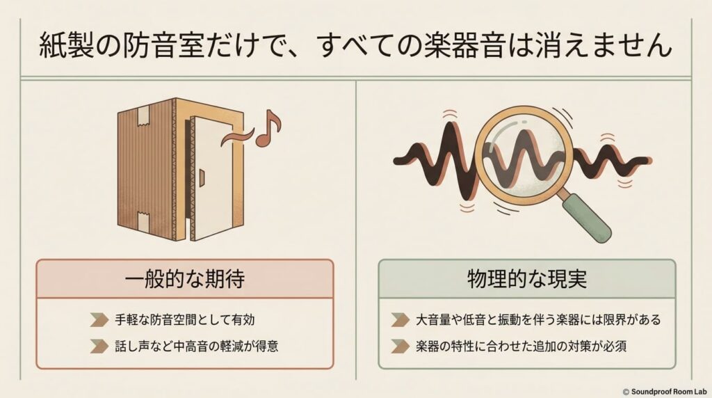 紙製の防音室は話し声など中高音の軽減は得意だが、大音量や低音・振動の軽減には限界があることを示す図