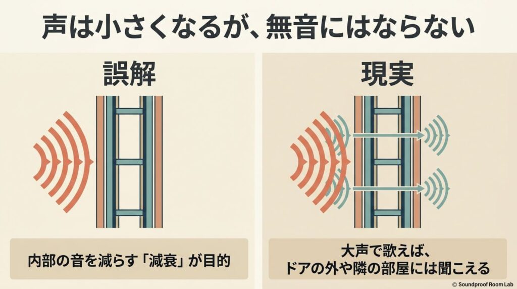 防音ブースは内部の音を減らす減衰が目的であり、大声で歌えばドアの外や隣の部屋には聞こえるという現実を示すイラスト