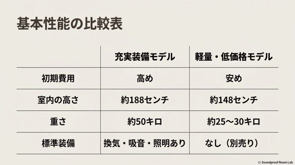 初期費用、室内の高さ、重さ、標準装備についての基本性能の比較表