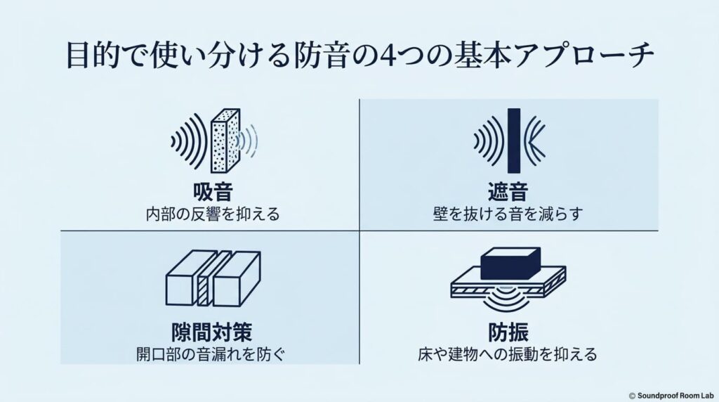 吸音、遮音、隙間対策、防振という、目的で使い分ける防音の4つの基本アプローチの図解