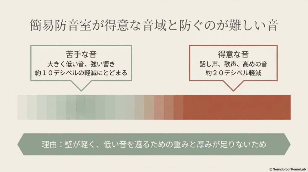 簡易防音室は話し声や歌声などの高めの音は約20デシベル軽減できるが、大きく低い音は約10デシベルの軽減にとどまることを説明した図
