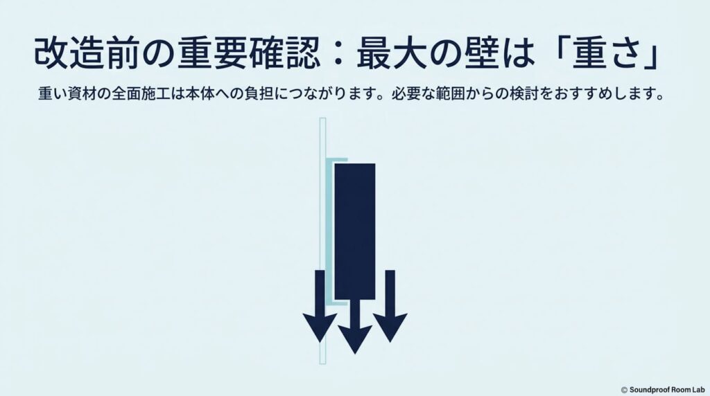 重い資材の全面施工は本体への負担につながるため、必要な範囲からの検討を推奨する注意喚起のイラスト