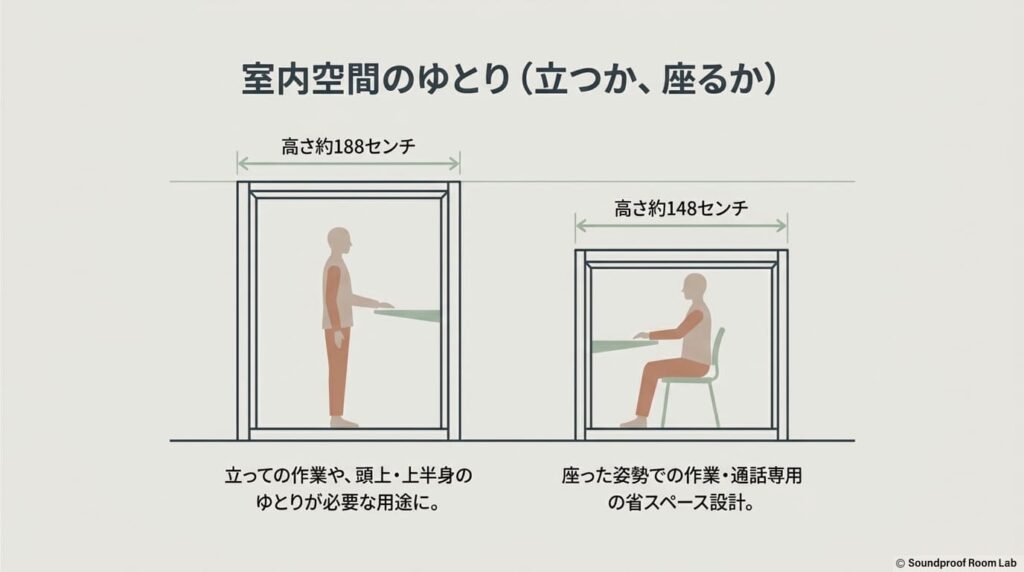 高さ約188センチ(立つゆとり)と約148センチ(座るゆとり)の室内空間の比較イラスト