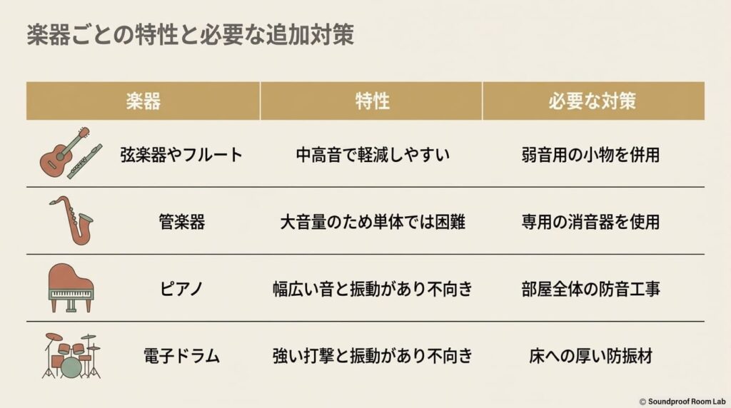 弦楽器・フルート、管楽器、ピアノ、電子ドラムそれぞれの音の特性と、それに合わせた追加の防音対策をまとめた表