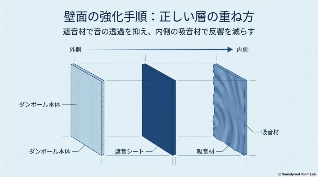 外側からダンボール本体、遮音シート、吸音材の順に重ねる正しい壁面強化の層の構造図