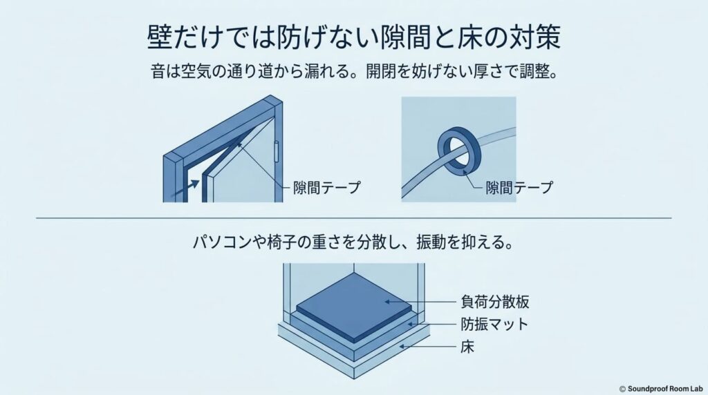 開閉を妨げない隙間テープの活用や、パソコン・椅子の重さを分散する防振マットなど、隙間と床への対策を示す図