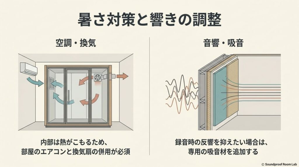 内部の熱対策として部屋のエアコンと換気扇を併用し、録音時の反響を抑えるために専用の吸音材を追加する様子を示すイラスト