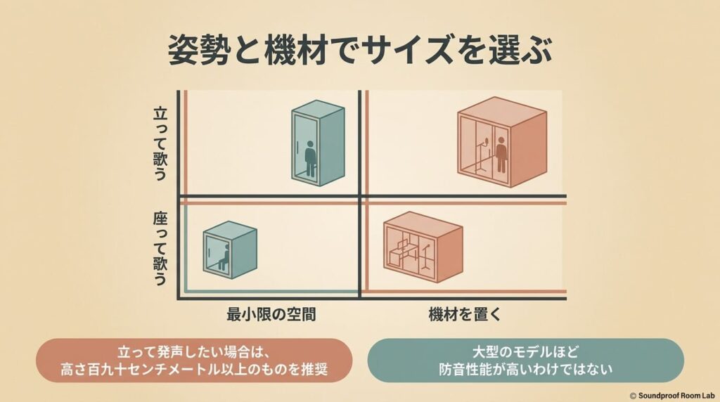 立って歌う場合は高さ190センチメートル以上を推奨し、座って歌うか機材を置くかによって適切な空間サイズが異なることを示す図解