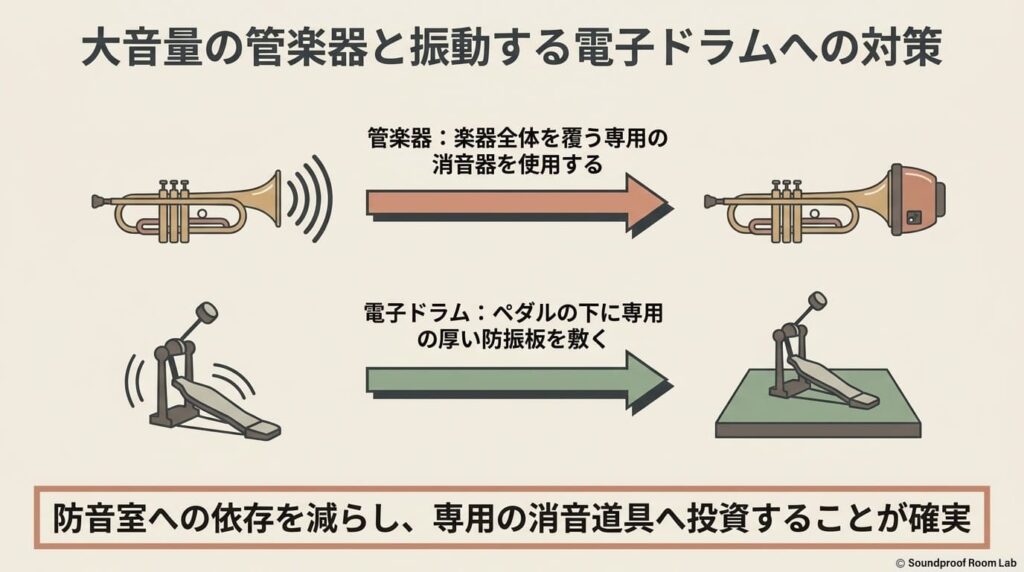 管楽器には楽器全体を覆う専用の消音器、電子ドラムにはペダルの下に専用の厚い防振板を使用する対策のイラスト