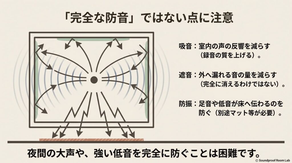 吸音、遮音、防振の違いを図解し、夜間の大声や低音は完全に防げないことを示すイラスト