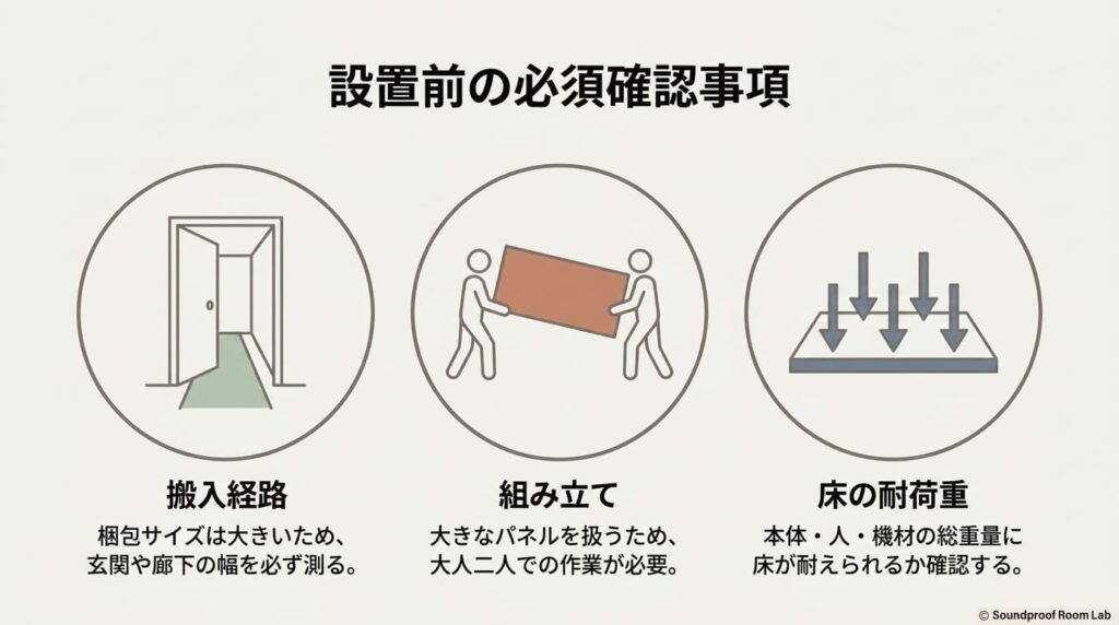 搬入経路、大人二人での組み立て、床の耐荷重など設置前に確認すべき必須項目のアイコン