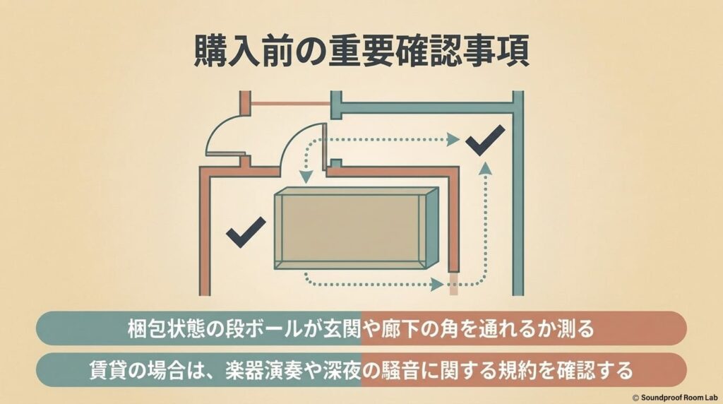 梱包状態の段ボールが玄関や廊下の角を通れるかの測量と、賃貸物件における楽器演奏や深夜の騒音規約の確認を促す図解