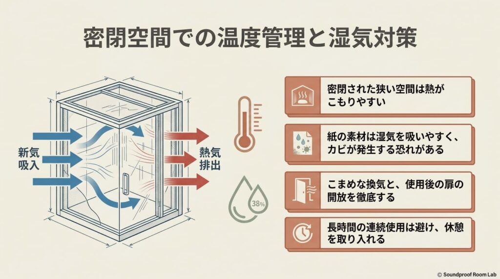 密閉空間では熱がこもりやすく湿気でカビが発生する恐れがあるため、こまめな換気や使用後の扉の開放、休憩を取り入れることが必要であることを示す図