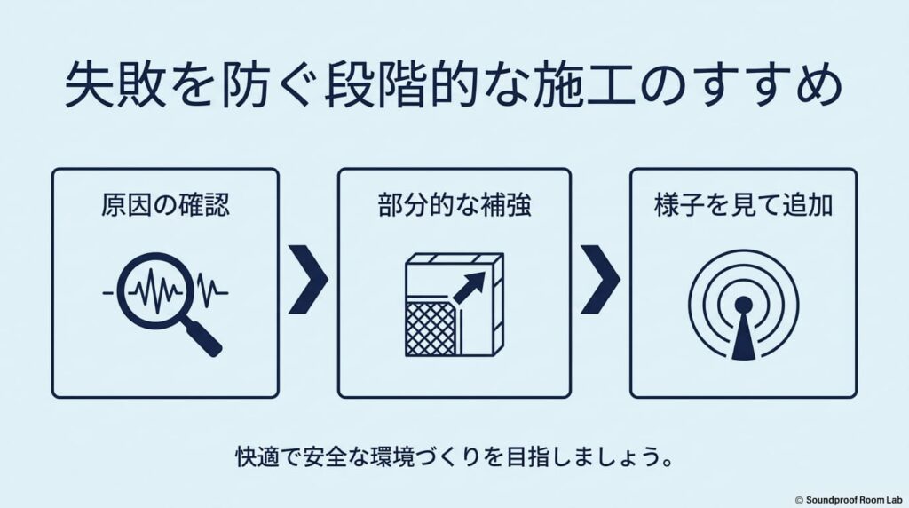 原因の確認、部分的な補強、様子を見て追加という失敗を防ぐための段階的な施工手順を示すアイコン