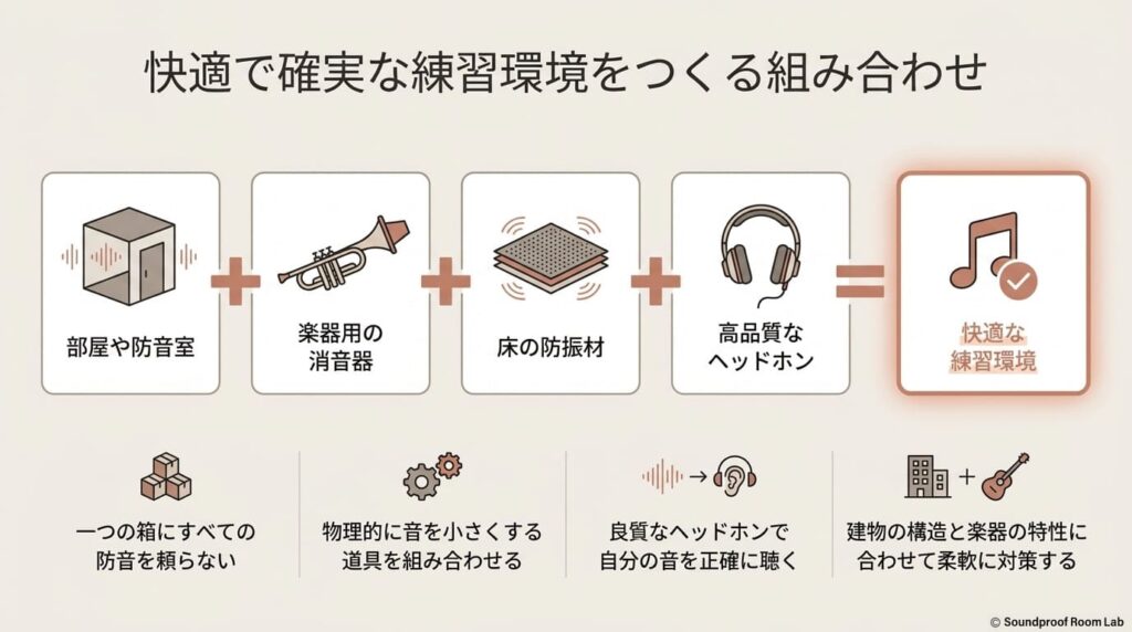 部屋や防音室に加えて、楽器用の消音器、床の防振材、高品質なヘッドホンを組み合わせることで快適な練習環境が作れることを示す図