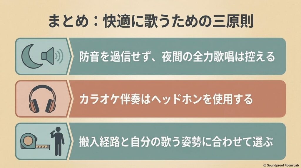 防音を過信せず夜間の全力歌唱は控えること、カラオケ伴奏はヘッドホンを使用すること、搬入経路と自分の歌う姿勢に合わせて選ぶことの三原則のまとめ