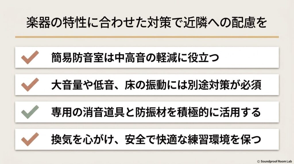簡易防音室の特性を理解し、楽器の特性に合わせた専用の消音道具や防振材の活用、換気の徹底で近隣への配慮を促すまとめのスライド