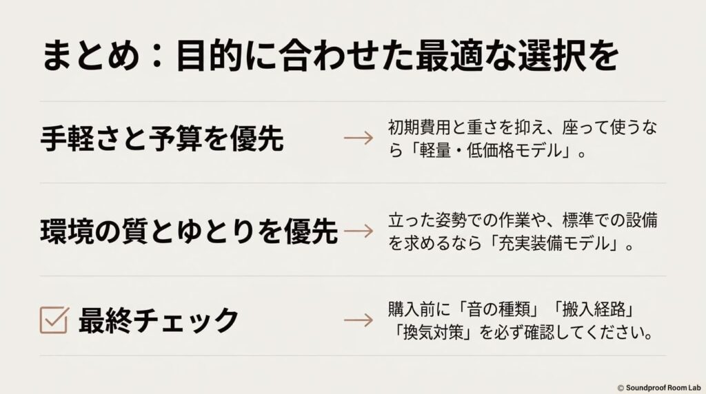 手軽さと予算を優先するか、環境の質とゆとりを優先するかのまとめと最終チェック項目
