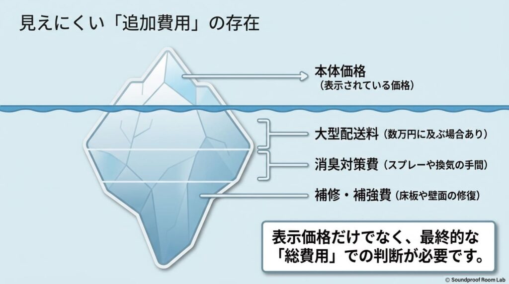 本体価格の下に隠れた、大型配送料、消臭対策費、補修・補強費などの追加費用を表した氷山のイラスト