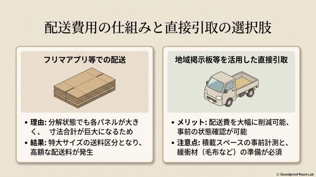 フリマアプリ等での配送と直接引き取りのメリットや注意点をまとめた解説スライド
