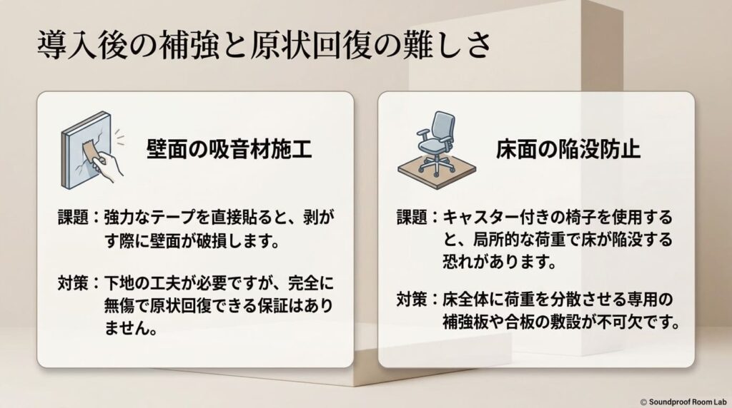 壁のテープ剥がしと床に敷かれた板の上のキャスター付き椅子のイラストによる、補強と原状回復の課題と対策