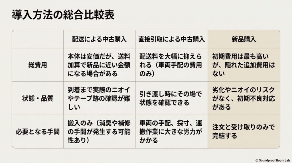 配送による中古購入、直接引取による中古購入、新品購入を総費用、状態、手間で比較した表