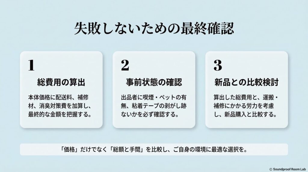 総費用の算出、事前状態の確認、新品との比較検討の3つのポイントをまとめた最終確認スライド